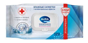 AURA FAMILY Влажные салфетки с антибактериальным эффектом big-pack с крышкой 120шт