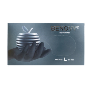 Перчатки медицинские смотровые нитриловые BENOVY (черные), L №50/500 